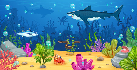 Underwater game landscape with cartoon sea animals and fish characters. Vector game background with shark, crab, marlin, eel and octopus, seaweed, corals and sea shell at ocean bottom landscapeのイラスト素材