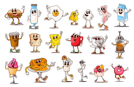 Groovy breakfast characters of vector morning drinks, food and desserts. Cartoon retro hippie coffee cups, toast, bacon and eggs. Tea mug, cake, cupcake, milk glass, bottle and box groovy personagesのイラスト素材