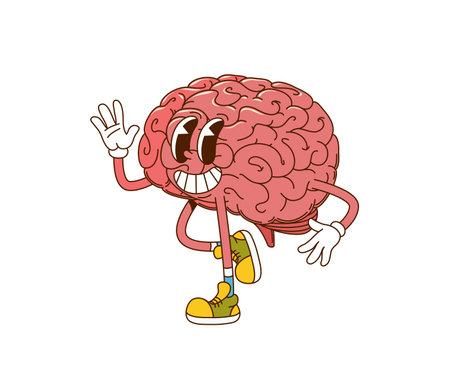 Cartoon groovy human brain happy smiling character. Physiology and biology vintage groovy vector cheerful personage, human body healthcare brain cute character. Intelligence and knowledge mascotのイラスト素材