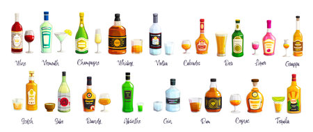 Cartoon alcohol bottles, liquor and wine drinks, vector alcoholic beverages with glasses. Vodka, whiskey, rum and beer, champagne, tequila, gin and absinthe bottles with cocktail glasses, ice and limeのイラスト素材
