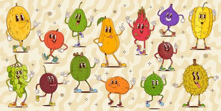Cartoon retro groovy fruit characters with funny faces, vector comic emoji. Groovy melon with cute smile and funky papaya with tongue out silly emotion, durian and psychedelic lychee fruit characterのイラスト素材