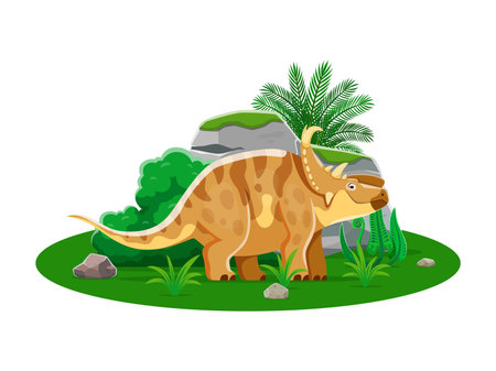 Pachyrhinosaurins prehistoric dinosaur character. Isolated cartoon vector horned, brown herbivore dino amidst a prehistoric setting with plants and rocks. Ancient reptile animal of Late cretaceous eraのイラスト素材