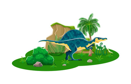 Cartoon oxalaia dinosaur character. Paleontology dinosaur isolated vector cute mascot, prehistoric lizard or Jurassic era reptile with crest funny character. Extinct animal personage in jungle forestのイラスト素材