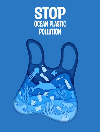 Paper cut plastic bag and waste at the sea, polluted water. Stop ocean plastic pollution ecological awareness poster. 3d vector frame in shape of used bag with marine life and trash floating withinのイラスト素材