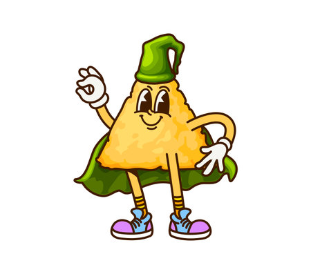 Groovy cartoon nacho for Halloween or Mexican Tex Mex food character, vector funny emoji. Groovy nachos chip in witch hat and mage sorcerer magic mantle with happy face for Halloween cartoon characterのイラスト素材