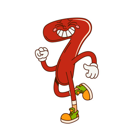 Groovy math number seven character. School math number comical funny mascot. Kids education numeric symbol cartoon isolated vector cute character or mathematics digit childish happy personageのイラスト素材