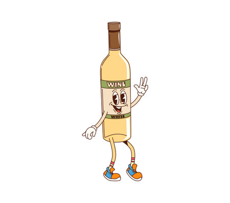 Retro groovy white wine bottle cheerful character. Restaurant burgundy white wine bottle cute 60s 70s groovy vector character. Grape alcohol drink cheerful personage, white wine funny cartoon mascotのイラスト素材