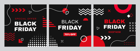Black Friday sale square banners with geometric memphis shapes and patterns. Vector promotional ads cards in black and red colors announcing discount and price off deals, retail promotional templatesのイラスト素材