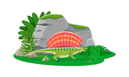 Paleontology Edaphosaurus dinosaur cartoon character. Jurassic era dinosaur, paleontology animal or prehistoric lizard isolated vector personage. Extinct reptile funny character or cute mascotのイラスト素材