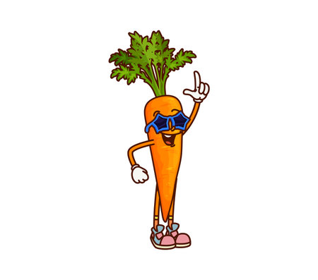 Groovy cartoon carrot vegetable character on holiday party. Birthday celebrating veggie isolated cartoon vector happy character. Carrot vegetable groovy personage wearing star sunglasses on partyのイラスト素材