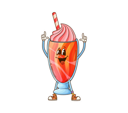 Cartoon groovy milkshake cup funny dessert character with smiling playful expression. Isolated vector pink sweet cocktail glass retro personage with whipped cream swirl, straw, wearing hippie sneakersのイラスト素材