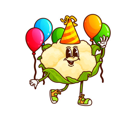Groovy cartoon cauliflower vegetable character on holiday party. Child birthday greeting veggie isolated groovy vector cute mascot, agriculture cauliflower vegetable happy character with balloonsのイラスト素材