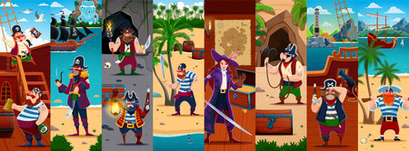 Cartoon pirate and corsair characters vector collage. Pirate ship, treasure island beach and cave nature landscape background with funny corsair captain, sailor, skipper and girl buccaneer charactersのイラスト素材