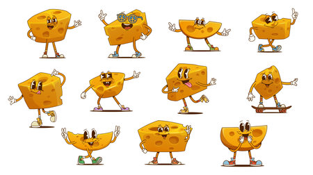Funny groovy cheese characters showcasing lively funky poses and quirky facial expressions. Isolated cartoon vector dairy product personages with peace sunglasses, hippie sneakers and retro y2k vibesのイラスト素材