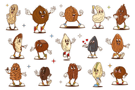 Cartoon nut groovy characters, seed and bean food vector personages. Retro psychedelic almond, hazelnut, walnut and cashew nuts. Cute groovy pistachio, coconut, sunflower seed, coffee and cocoa beansのイラスト素材