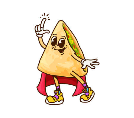 Cartoon groovy Halloween Mexican quesadilla character wizard, vector Tex Mex food. Groovy quesadilla with happy face and funky smile in sorcerer or wizard mage mantle for Halloween cartoon characterのイラスト素材