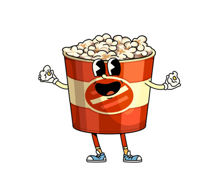 Groovy fast food popcorn bucket character. Cartoon retro movie pop corn box. Isolated vector cheerful personage with playful smile and happy eyes, ready for a nostalgic movie night and entertainmentのイラスト素材