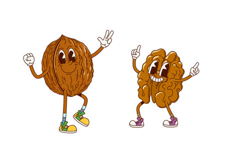 Cartoon retro groovy walnut nut characters. Healthy nutrition nut snack cartoon isolated vector mascot. Walnut core and shell two funny characters or cheerful groovy personages dancing and having funのイラスト素材