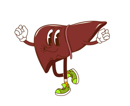 Cartoon groovy human liver cute character. Human healthcare funky vector personage, metabolic and digestion system internal organ cute personage or anatomy liver happy groovy whistling characterのイラスト素材