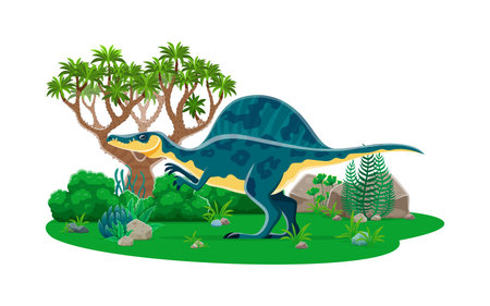 Oxalaia prehistoric dinosaur character in natural landscape with rock, tree and cacti. Isolated cartoon vector ancient carnivore reptile animal with crest on its back, lived in Late cretaceous eraのイラスト素材