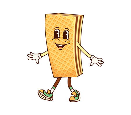 Funny groovy waffle character. Cartoon vector cookie, bakery, appetizer, wafer with chocolate filling. Cute retro food personage with smiling face and eyes. Confectionery, pastry snack for kids menuのイラスト素材