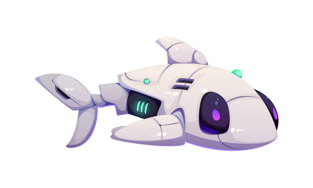 Cartoon underwater robot mascot, drone or bathyscaphe submarine. Isolated vector futuristic sci fi robotic shark with sleek structure and white and friendly expression ready for undersea explorationのイラスト素材