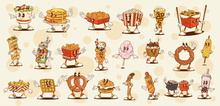 Cartoon groovy fast food characters of retro cute burgers, pastry desserts and junk drinks. Groovy hippie fast food vector personages with funny hot dog, fried chicken, sushi, popcorn and burritoのイラスト素材