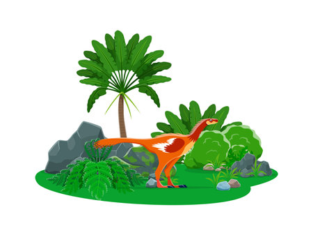 Prehistoric zephyrosaurus dinosaur cartoon character at lush jurassic era landscape. Isolated vector feathered orange dino resembling a huge bird with long legs and neck, stands under large palm treeのイラスト素材
