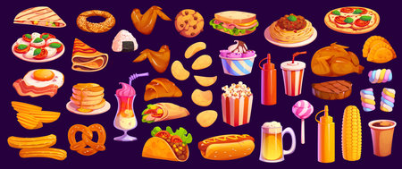 Fast food, cartoon burgers, snacks and grill or hot dogs, vector sandwiches. Cartoon fast food cheeseburger with pizza and donut or churro dessert, beer and burrito with taco and crepe pancakesのイラスト素材