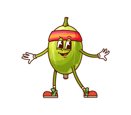 Cartoon groovy gooseberry berry character on fitness sport, vector funny emoji. Groovy gooseberry fruit or berry with funky face and happy smile in fitness headband in retro cartoon comic emoticonのイラスト素材