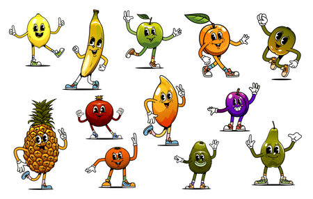 Cartoon groovy fruit characters, retro tropical berry farm food vector personages. Funny psychedelic mango, pineapple, lemon and apple. Groovy hippie avocado, banana, kiwi and orange fruits charactersのイラスト素材