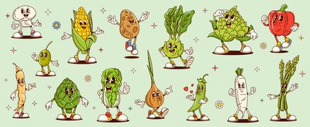 Cartoon groovy vegetable characters showcasing playful expressions and gestures. fun, healthy eating personages. Vector corn, bell pepper, onion, garlic and green peas pod, tomato, lettuce or potatoのイラスト素材