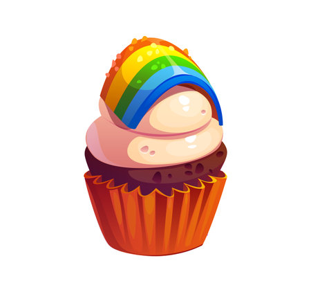 St Patrick day holiday cupcake with rich chocolate cake, creamy frosting and decorative rainbow on top. Cartoon vector sweet candy dessert food, festive dessert represents luck, joy, and celebrationのイラスト素材