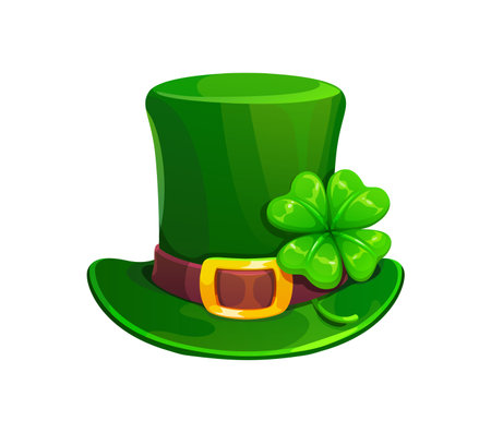 Cartoon green leprechaun top hat with fresh four leaf shamrock, gold buckle and a wide brim, St Patrick day Irish symbol. Vector traditional headwear, magical and festive costume accessory for holidayのイラスト素材