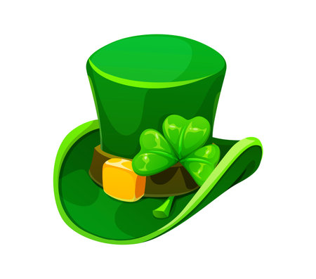 Cartoon green leprechaun hat with curved brim, adorned with golden buckle and a fresh shamrock. Vector festive accessory, symbol of luck, tradition, and Irish heritage, for celebrating st Patrick dayのイラスト素材