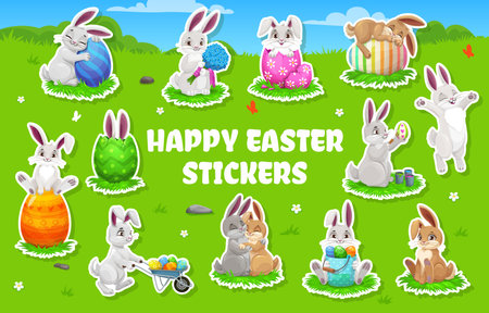Easter bunny characters stickers pack at spring flower field vector background. Cartoon cute white rabbit or bunny animals stickers with Easter holiday eggs, flower bouquet and egg hunt bucketsのイラスト素材