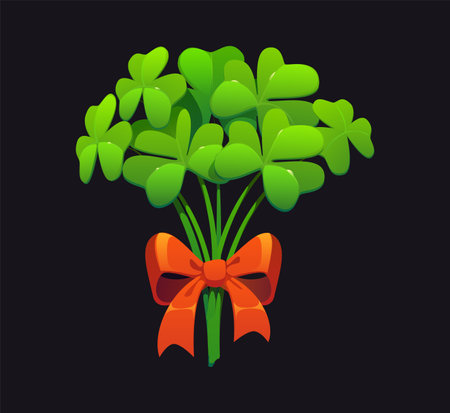 Cartoon bouquet of shamrocks tied with a festive orange ribbon, symbolizing good luck, Irish heritage and st Patrick day celebrations. Vector bunch of clover plant leaves, representing good fortuneのイラスト素材