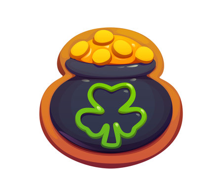 St Patrick day pot of gold cookie, sweet candy, holiday food, gingerbread dessert. Cartoon vector festive cauldron biscuit, decorated with golden coins and green shamrock for Irish party celebrationのイラスト素材