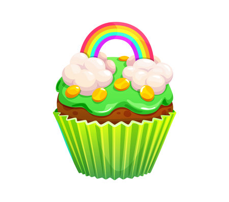 St Patrick day holiday sweet cupcake with green frosting, cloud toppings, gold coins and colorful rainbow. Cartoon vector cake, dessert and festive cookie. Party treat embodies luck and celebrationのイラスト素材