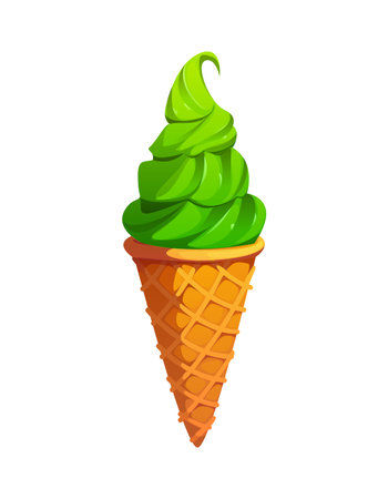 St Patrick day festive ice cream cone with bright green soft serve swirls. Sweet food for Irish holiday celebration. Cartoon vector dessert with waffle cone, delicious treat for parties or festivitiesのイラスト素材