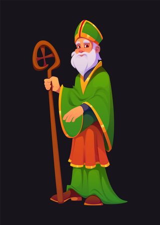 Cartoon Saint Patrick Character. Vector patron saint of Ireland, dressed in traditional green and gold robes, holding a bishops staff. Legendary personage symbolizes Irish heritage, and Christianityのイラスト素材