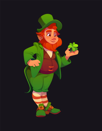 Cartoon Irish leprechaun man character in green outfit holding a shamrock, exuding joy and mischief. Isolated vector folklore personage of St Patrick day. Redhead bearded elf in top hat with cloverのイラスト素材