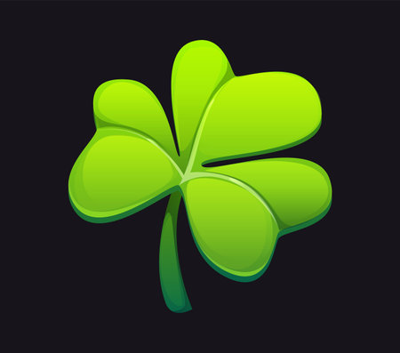 Cartoon green four leaf clover, symbolizing luck, fortune, and prosperity in Irish culture, St. Patrick Day charms, symbol of good luck. Vector clover rare plant represents hope, faith, love and luckのイラスト素材