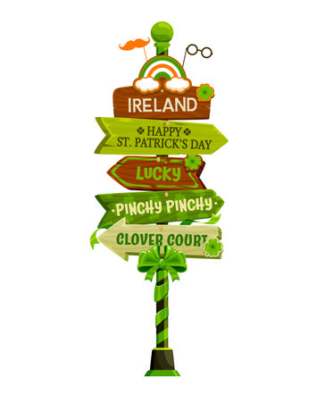 Saint Patrick day sign board, Irish holiday signage. Cartoon vector festive road pointer decorated with lucky clovers, rainbow and green bow. Signpost celebrates culture and traditions of Irelandのイラスト素材