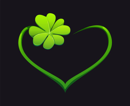 Green heart frame with a four leaf clover, symbolizing love, luck and Irish heritage. Cartoon vector symbol or emblem represents the spirit of st Patrick day, fortune, affection, pride and celebrationのイラスト素材