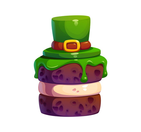 St Patrick day holiday chocolate pastry featuring layers of rich cake, creamy filling and dripping green icing topped with a whimsical leprechaun hat made of fondant. Cartoon vector sweet festive foodのイラスト素材