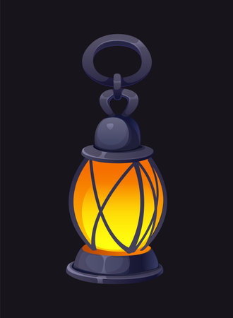 Cartoon dark metal lantern with a glowing golden light, st Patrick day and Irish culture symbols and object, symbolizing guidance, warmth, and mystery, nighttime journey, folklore and old world charmのイラスト素材