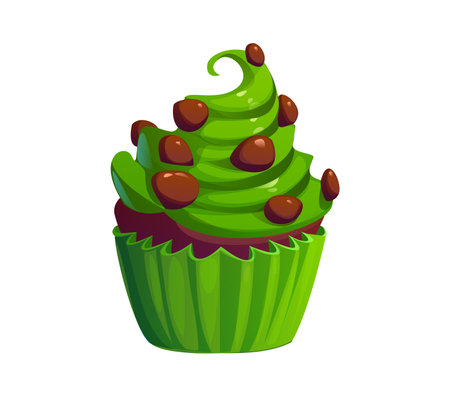 St Patrick day holiday chocolate cupcake with green frosting and chocolate chips. Cartoon vector lucky muffin cake, candy and sweet food, delicious festive dessert for celebration Irish traditionのイラスト素材
