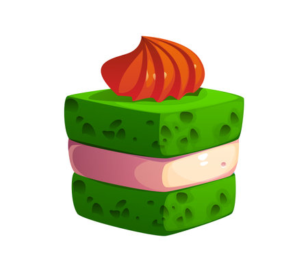 St Patrick day holiday green layered cake with creamy filling and a decorative swirl of orange frosting on top. Cartoon vector festive sweet candy food dessert for celebrations, parties and treatsのイラスト素材
