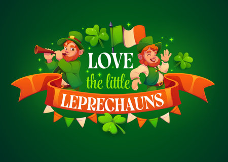 Love the little leprechauns, St Patrick quote for greeting card, cartoon vector. Saint Patrick day Irish holiday quote with leprechauns playing music and dancing, shamrock clover and Ireland flagのイラスト素材